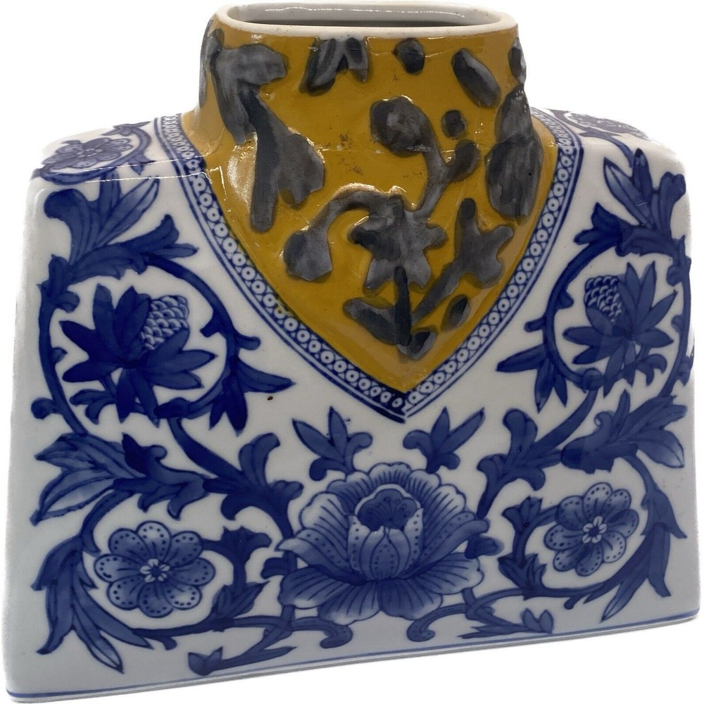 Chinese Yellow Blue Floral Glaze Vase 8" Vintage EXC CONDITION It/425